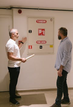 Two men conducting a fire safety inspection near a fire hose cabinet.
